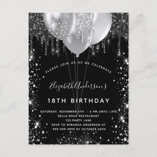 Dagen zwarte zilverglitterstofballonnen uitnodiging briefkaart (Voorkant)