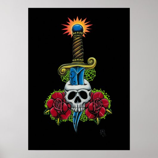 Dagger, Skull en Rozen afdrukken Poster (Voorkant)