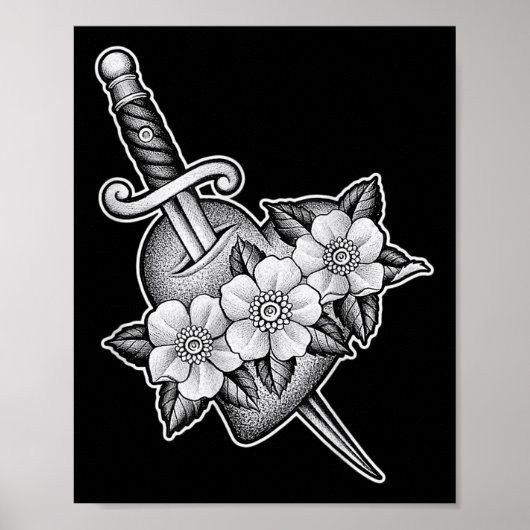 Dagger Through Heart X Flowers Blackwork Tattoo FL Poster (Voorkant)