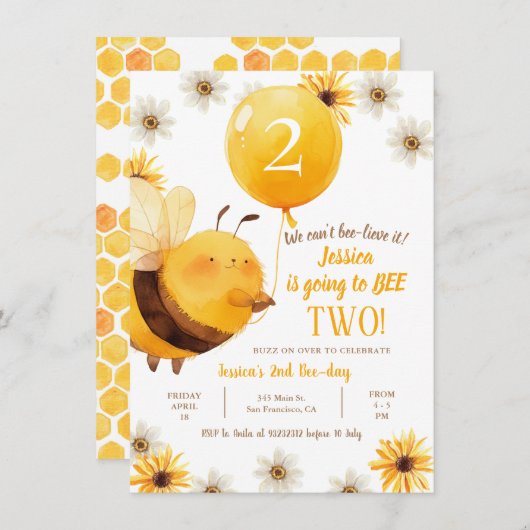 Dagje en Bee Zonnebloem Tweede Verjaardag Kaart (Voorkant / Achterkant)