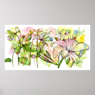 Daglelie Bloem Tuin Inkt Waterverf Kunst Poster