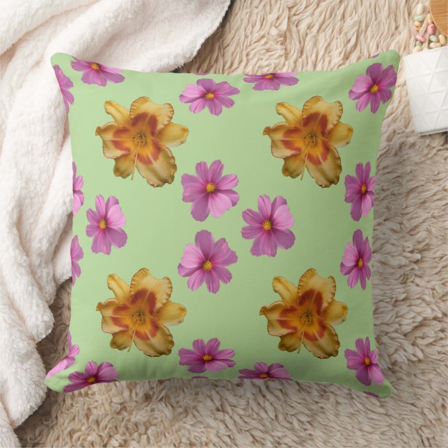 Daglelies en kosmos bloemen op groene achtergrond kussen (Deken)