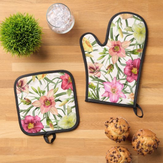 Daglelies Floral Botanical Art Design Ovenwant & Pannenlap Set (Top down)