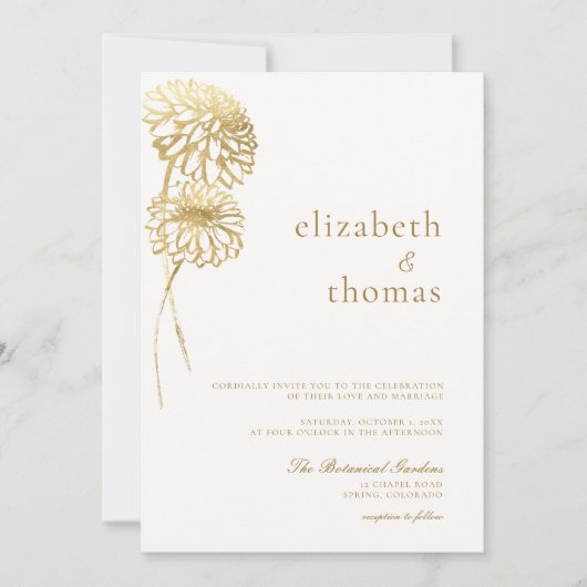 Dahlia Art Schets Faux Goud Modern Herfst Bruiloft Kaart (Voorkant)