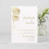 Dahlia Art Schets Faux Goud Modern Herfst Bruiloft Kaart (Staand voorkant)