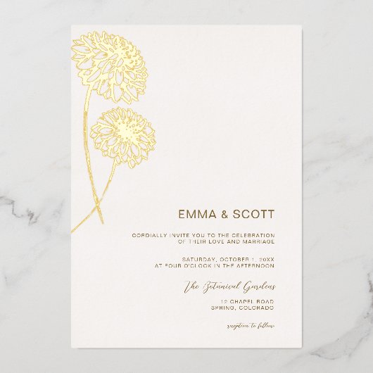 Dahlia Art Schets Goud Modern Herfst Bruiloft Goud Folie Uitnodiging (Voorkant)