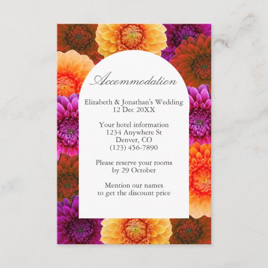 Dahlia Autumn Floral Wedding Accommodatie Informatiekaartje (Voorkant)