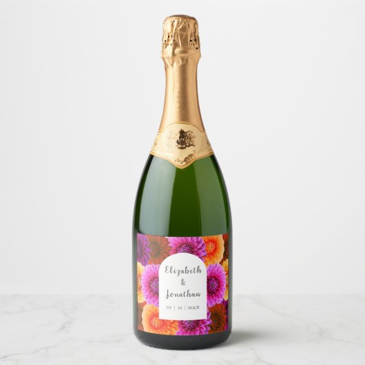 Dahlia Autumn Floral Wedding Sparkling Wijnetiket (Voorkant)