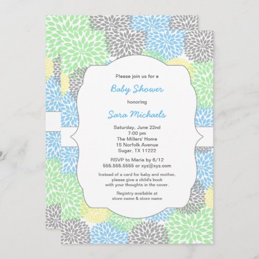 Dahlia bloeit neutraal baby shower blauw mint grij kaart (Voorkant / Achterkant)