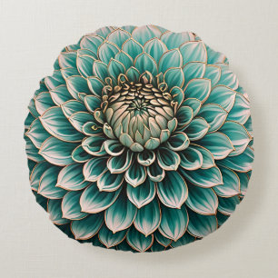 Dahlia Bloem in Teal Aqua Blauwe Digitale Kunst Rond Kussen