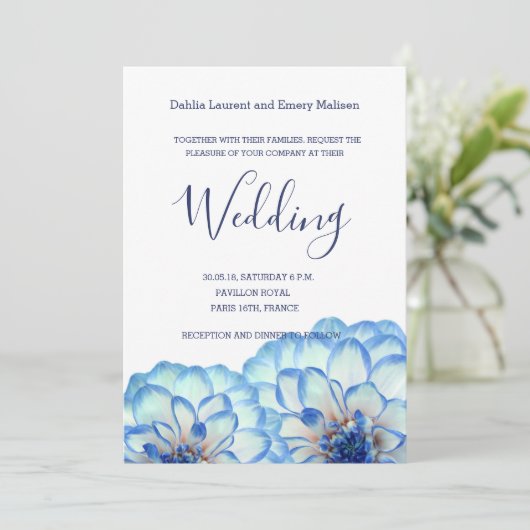 Dahlia bloemen blauw witte zwarte roze bruiloft kaart (Staand voorkant)
