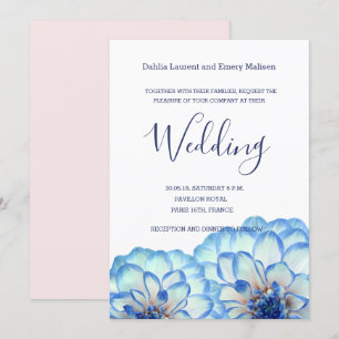 Dahlia bloemen blauw witte zwarte roze bruiloft kaart