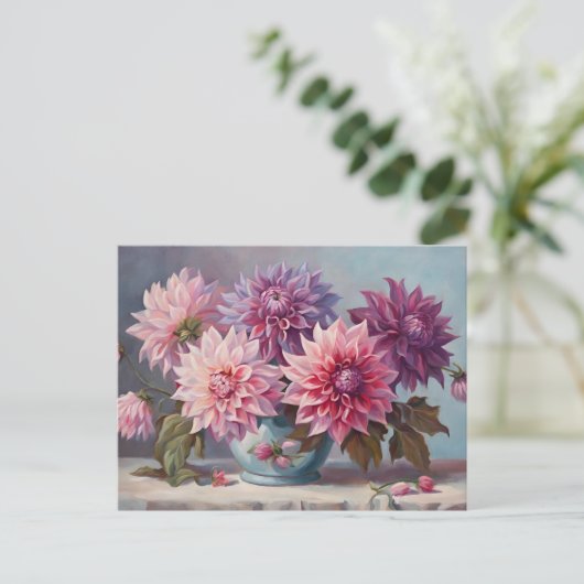 Dahlia Bloemen in een Vaas Stilleven Illustratie Briefkaart (Staand voorkant)