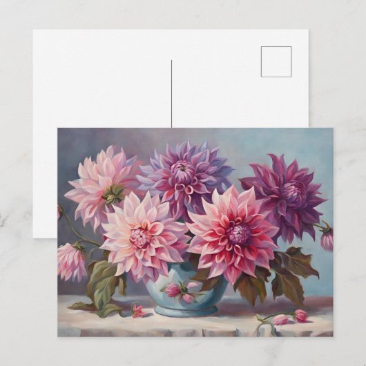 Dahlia Bloemen in een Vaas Stilleven Illustratie Briefkaart (Voorkant / Achterkant)