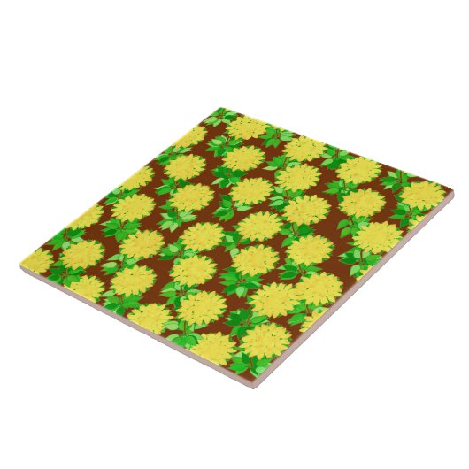 Dahlia bloemen in geel en chocolade tegeltje (Zijkant)