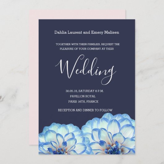 Dahlia bloemen marineblauw wit blos roze bruiloft kaart (Voorkant / Achterkant)