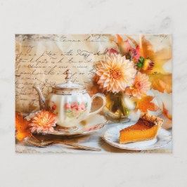 Dahlia Bloom with Pumpkin Cake Slice and Teapot Briefkaart