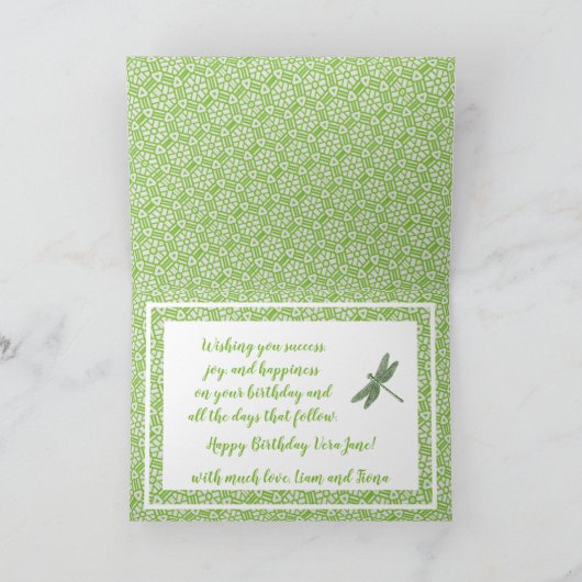 Dahlia Blooms en Dragonfly Happy Birthday Kaart (Binnen)