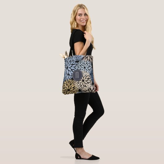 Dahlia Blue Gold Floral Monogram Tote Bag (Op model)