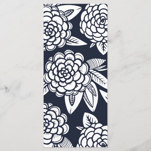 Dahlia. Een moderne marinebruiloft. Blauw botanisc Menu (Achterkant)