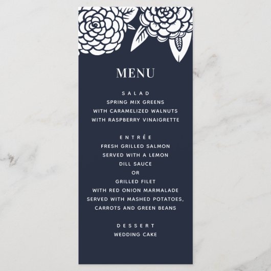 Dahlia. Een moderne marinebruiloft. Blauw botanisc Menu (Voorkant)