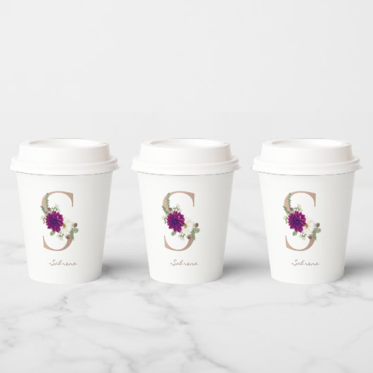 Dahlia floral bouquet roos gold monogram S Papieren Bekers (Multi)