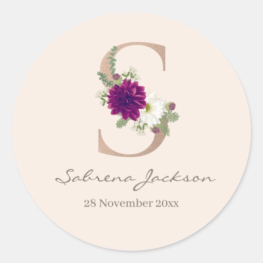 Dahlia floral bouquet roos gold monogram S Ronde Sticker (Voorkant)
