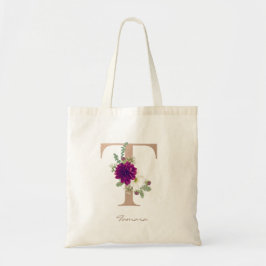 Dahlia floral bouquet roos gold monogram T Tote Bag