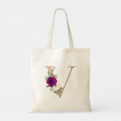 Dahlia floral bouquet roos gold monogram V Tote Bag (Achterkant)