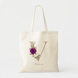 Dahlia floral bouquet roos gold monogram V Tote Bag
