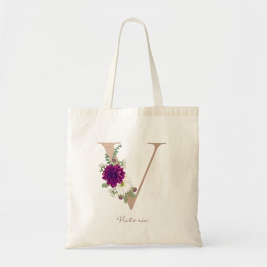 Dahlia floral bouquet roos gold monogram V Tote Bag (Voorkant)