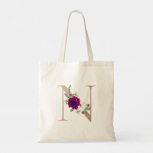 Dahlia floral bouquet roos goudmonogram N Tote Bag (Achterkant)