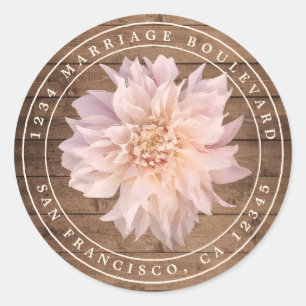 Dahlia Flower Rustic Wood Wedding Return Address C Ronde Sticker