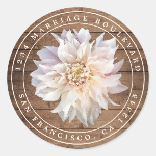 Dahlia Flower Rustic Wood Wedding Return Address Ronde Sticker