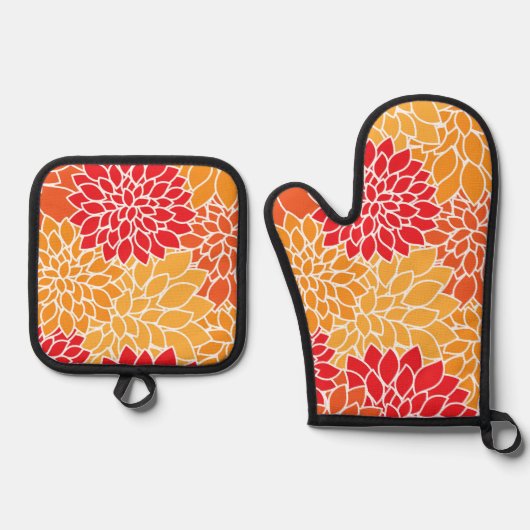 Dahlia Flowers, Flowers Pattern, Oranje Dahlia Ovenwant & Pannenlap Set (Voorkant)