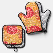 Dahlia Flowers, Flowers Pattern, Oranje Dahlia Ovenwant & Pannenlap Set (Voorkant / Achterkant)