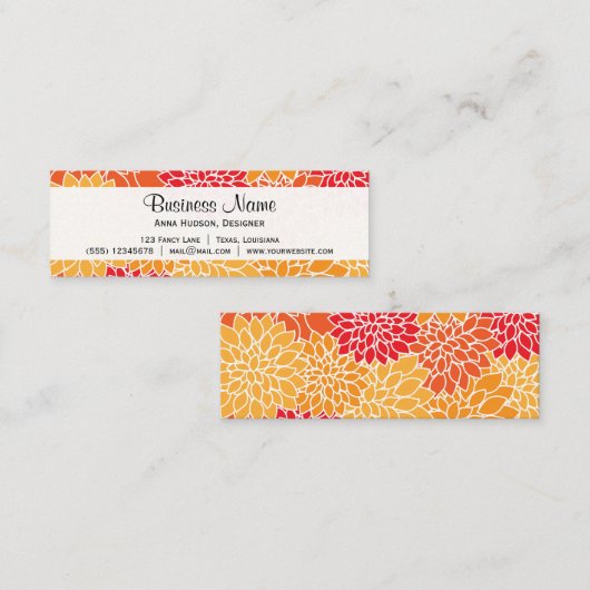 Dahlia Flowers, Petals, bloesems - Oranje rood Mini Visitekaartje (Voorkant / Achterkant)