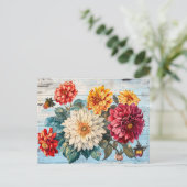 Dahlia Garden Mix on Blue Wood Briefkaart (Staand voorkant)