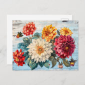 Dahlia Garden Mix on Blue Wood Briefkaart (Voorkant / Achterkant)