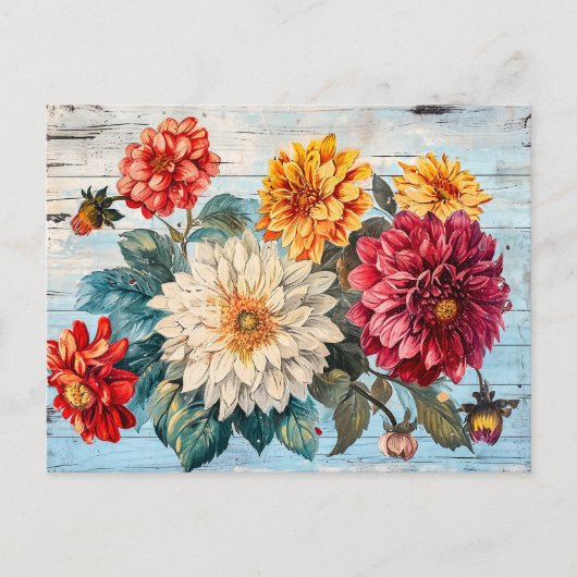 Dahlia Garden Mix on Blue Wood Briefkaart (Voorkant)