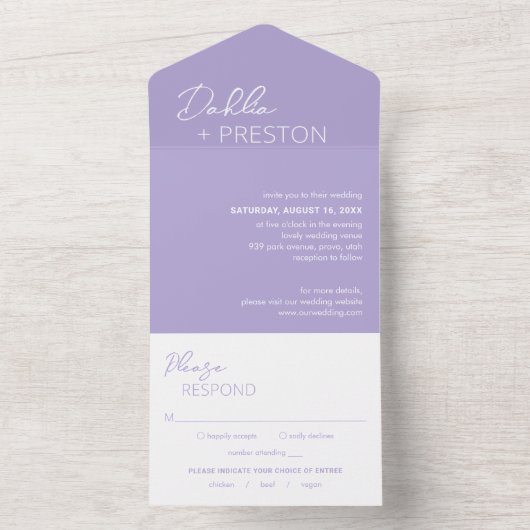 Dahlia Lavender Hedendaagse moderne bruiloft All In One Uitnodiging (Binnen)
