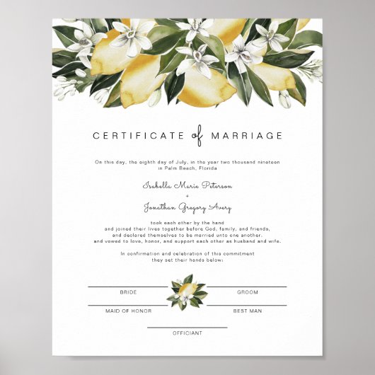 Dahlia - Lemon Citrus Garden Marriage Certificate Poster (Voorkant)
