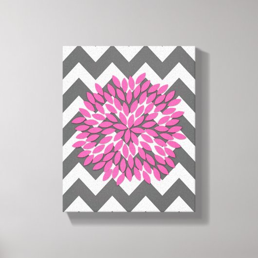 Dahlia op Chevrons in roze en grijs canvas (Voorkant)