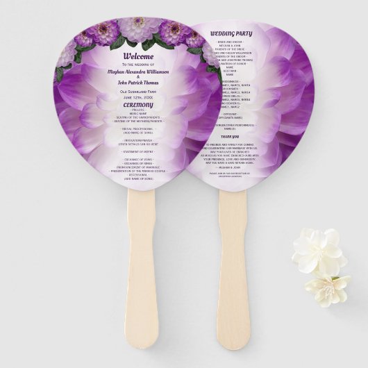Dahlia Paars Lavender Floral Wedding Programme Handwaaier (Voorkant en achterkant)