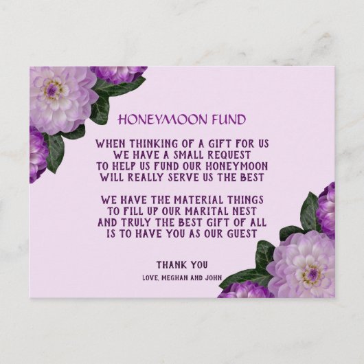 Dahlia Paars Lavender Lila Floral Honeymoon Fonds Uitnodiging Briefkaart (Voorkant)