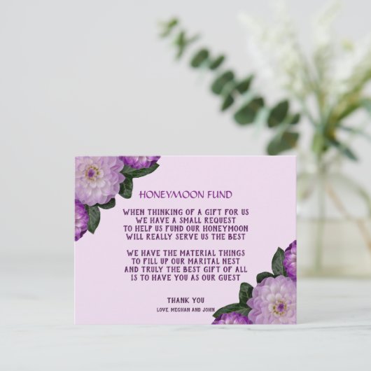 Dahlia Paars Lavender Lila Floral Honeymoon Fonds Uitnodiging Briefkaart (Staand voorkant)