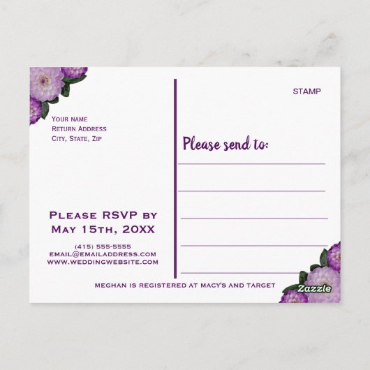 Dahlia Paarse Bloemen Bruidsdouche Uitnodigingspos Briefkaart (Achterkant)