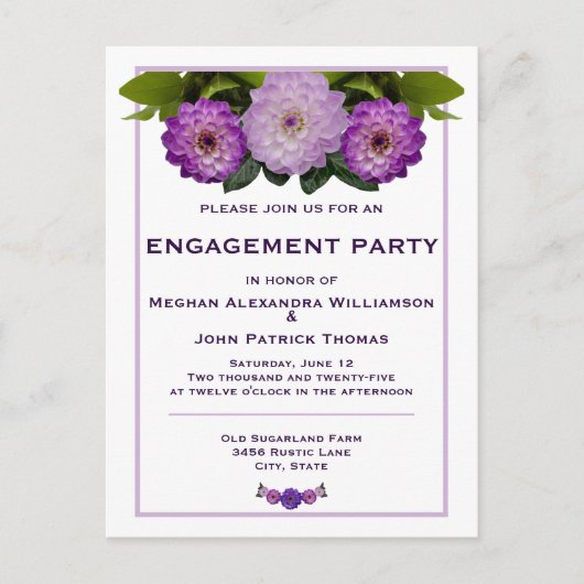 Dahlia Paarse Floral Wedding Engagement Party Briefkaart (Voorkant)