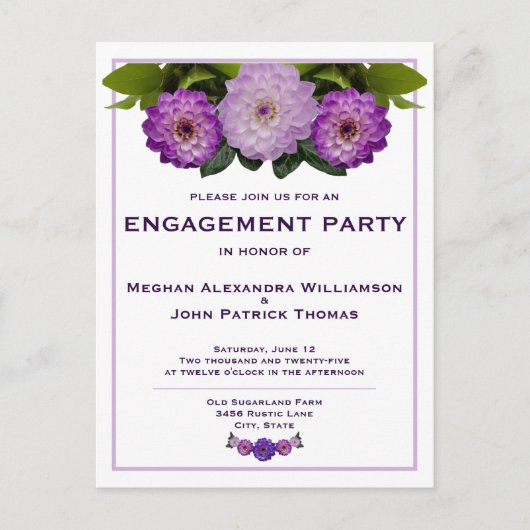 Dahlia Paarse Floral Wedding Engagement Party Briefkaart (Voorkant)