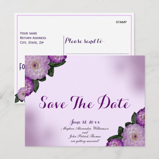 Dahlia Paarse Lavendel Lila Bloemen Save the Date Briefkaart (Voorkant / Achterkant)